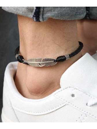 1pc Retro Minimalist Adjustable Feather & Alloy Drawstring Anklet Unisex