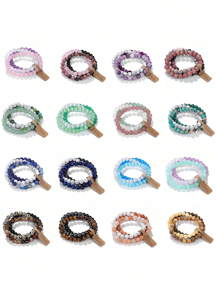 3入組有許願標籤寶石天然石頭手鍊套裝,適用於女性男性,治療靈氣水晶石英瑜伽珠寶 - 彩色 - 查看 1