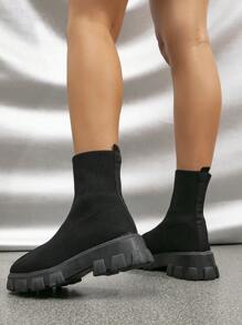 Botas Hasta El Tobillo De Punto Sólido Para Mujer De Otoño E Invierno Con Punta Redonda De Punto Negro, Botas De Tobillo De Punto Resistente En Color Sólido - Negro - Ver 5