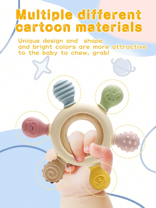 1pc Silicone Baby Teether, Rudder Shape Wooden Teether Ring, Touch Training Newborn Chew Toy, Children's Care Teething Toy Baby Gifts