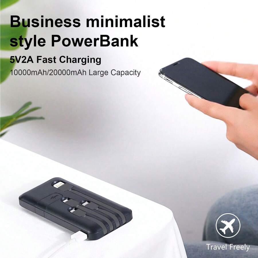 10000mAH Đen Có thể mang đi Pin sạc dự phòng Với 5V/2A Sạc nhanh , Treo Dây thừng , Led Chỉ báo , 4 Cáp , Có thể tháo rời , Đèn LED , Dấu ngoặc , Phong cách Công sở - màu đen - Xem 1