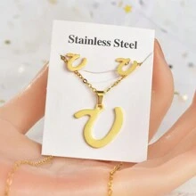 3 件/套女士字母設計項鍊和耳環套裝,個性化時尚配飾 - 金黃色 - 查看 4