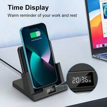 無線充電時鐘鬧鐘手機座15W快速充電，適用於蘋果- iPhone 15 14 Pro Max 13 12 11 X Xs 8 Airpods 3 2 Pro。 - 黑色 - 查看 2
