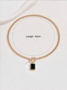 1pc Vintage Style Black Rectangular Gemstone Pendant With Gold Chain, Simple Clavicle Chain Accessory For Women, Suitable For Parties And Daily Wear - Black - View 4
