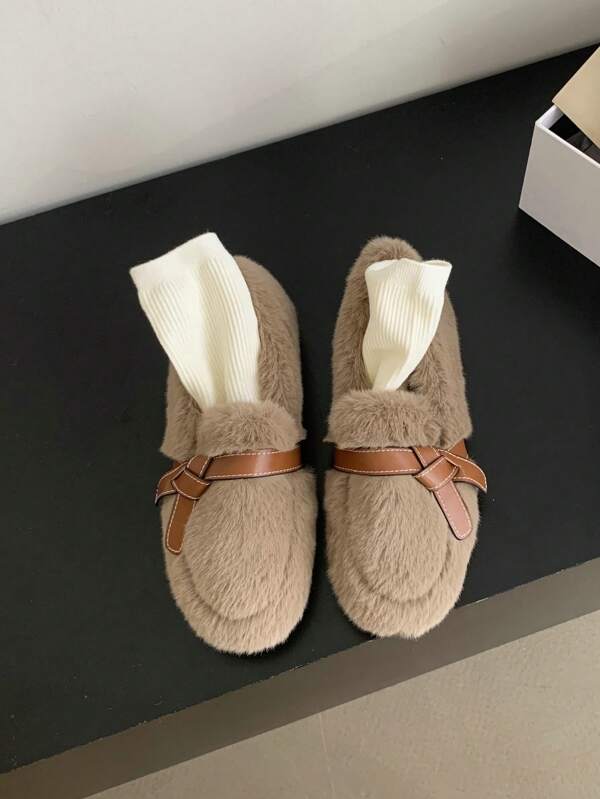 Women's Warm Plush Shoes, Round Toe Casual Pu Leather Belt Flat Shoes Suitable For Pregnant Women, Soft Bottom Winter Driving Shoes, Thick Platform Outdoor Slip-On Shoes