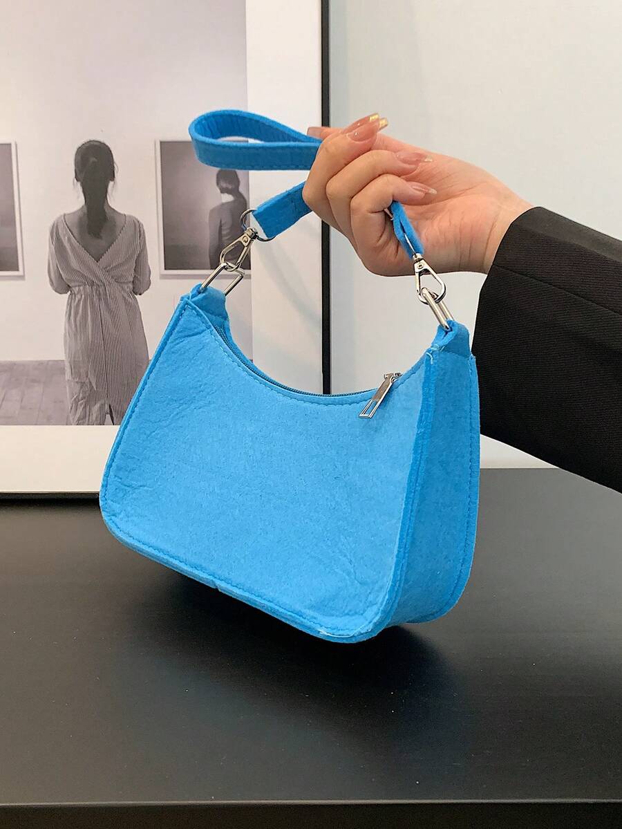 Solid Color Simple Design Women's Felt Shoulder Bag - Baby Blue - View 1