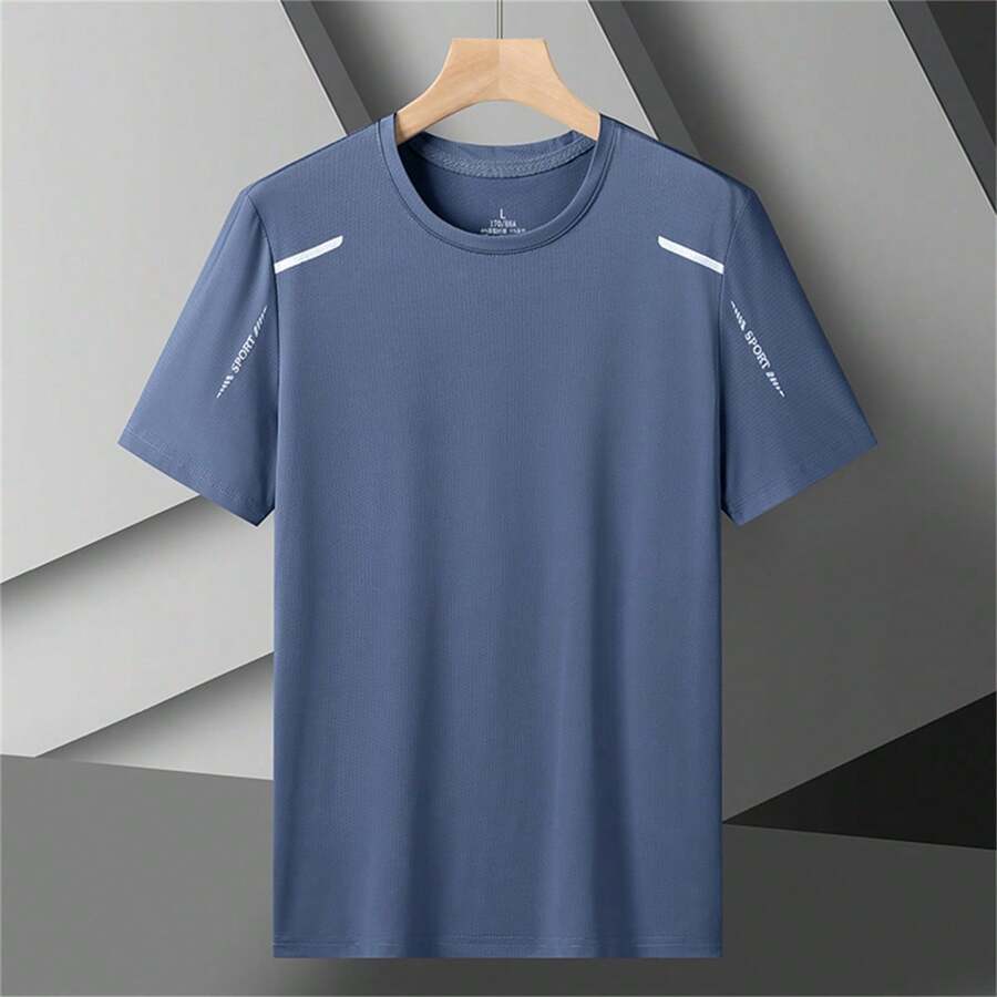 男士透氣快干圓領跑步t恤戶外運動真空短袖 - 霧霾藍 - 查看 1