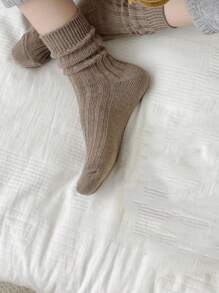 1雙女式粗線復古純色條紋中筒襪秋冬日常穿著 - 卡其色 - 查看 3