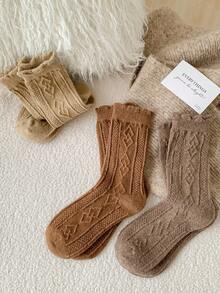 3pairs Women's Autumn & Winter Solid Color Warm & Simple Frill Border Fashionable Coffee Series Mid-Calf Socks - Multicolor - View 2