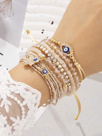 9 Piezas Pulsera Bohemia Con Cuentas De Ojo Y Perlas Falsas