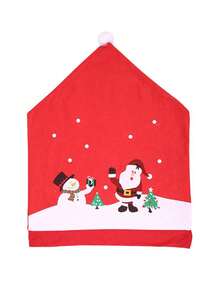 1pc Red Santa Claus & Snowman Printed Chair Cover, Christmas Table & Chair Decoration Gift, Christmas Party Decor - Red - View 5