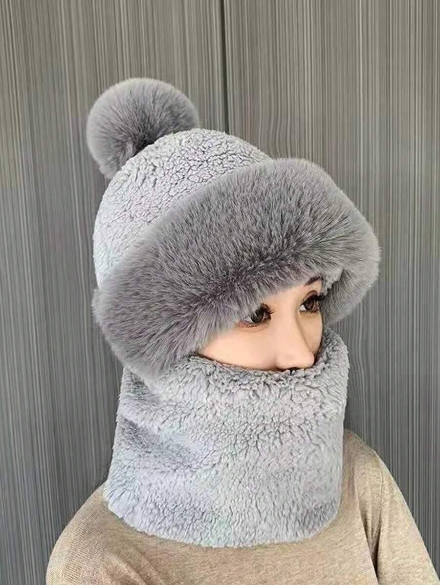 1pc Thick Thermal Lined Knit Beanie Hat, Suitable For Outdoor Activities Like Cycling, Skiing In Winter, With Pom Pom, Solid Color Thick Fleece Neck Warmer, Windproof With Hood And Ear Muffs, Windproof Ski Hat, Women Outdoor Winter Balaclava