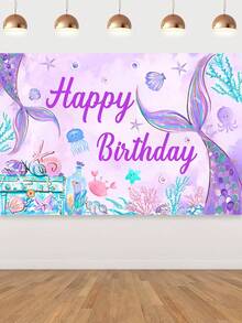 1件美人鱼生日快乐涤纶背景横幅，生日派对装饰 - 彩色 - 查看 3
