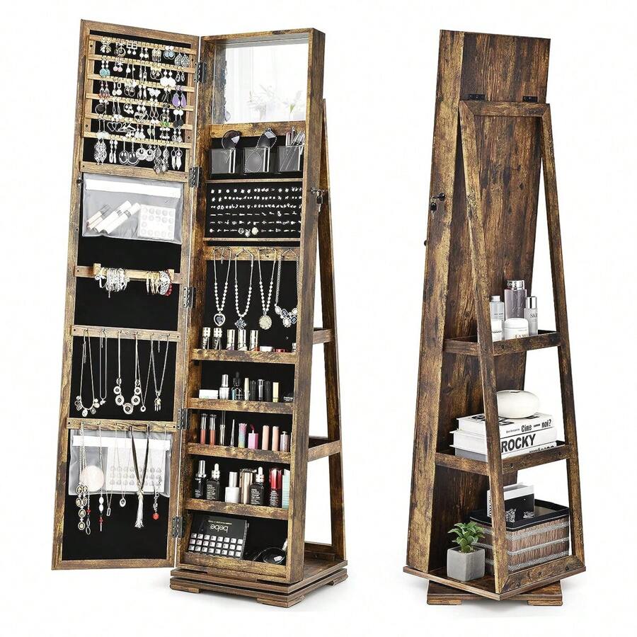 Obrotowa szafka na biżuterię, półka na biżuterię z lustrem na całej długości i wbudowanym lustrem, szafka z lustrem z półkami z tyłu, zamykana, miejsce do przechowywania biżuterii i kosmetyków