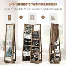 Obrotowa szafka na biżuterię, półka na biżuterię z lustrem na całej długości i wbudowanym lustrem, szafka z lustrem z półkami z tyłu, zamykana, miejsce do przechowywania biżuterii i kosmetyków