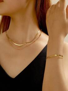 2入組波西米亞風格編織扁鏈銅項鍊和手鏈套裝,適合女性日常穿著或派對服裝 - 金色 - 查看 1