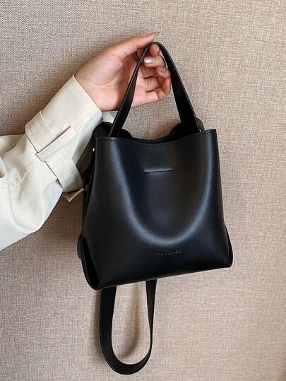 Fashionable Women's Mini Bucket Handbag, Simplified Black PU Leather Vintage Commute Versatile Shoulder Bag Suitable For Ladies Shopping Daily Use, Business Casual Woman Bag Perfect For Office Business And Work