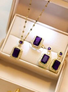 1set Full Rhinestone Square Pendant Necklace, 1pair Earrings, 1pc Ring Jewelry Set - Purple - View 2