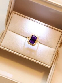 1set Full Rhinestone Square Pendant Necklace, 1pair Earrings, 1pc Ring Jewelry Set - Purple - View 8