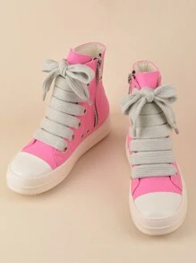 女士玫瑰粉色高筒帆布平底休閒鞋，時尚舒適，側拉鍊及鞋帶設計，運動鞋 - 粉色 - 查看 6