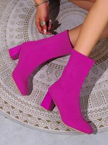 女式厚底襪套靴,方頭設計,踝靴高度,適合秋冬季節 - 玫紅色 - 查看 5