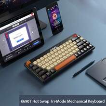 Ajazz K690t 無線機械鍵盤三模可定製熱插拔rgb白輸出開關黑白配色 - 黑與白 - 查看 3