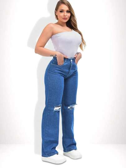 Calça jeans Wide Leg Feminina Pantalona azul Rasgos no Joelho / perna larga /cintura alta/Lançamento