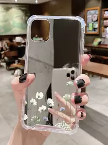 1pc Acrylic Electroplate Mirror Phone Case With Camellia & Dandelion Pattern, Compatible With Apple