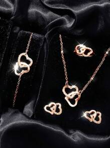 5pcs Pink Rhinestone Double Layer Heart Necklace & Earrings Set, Gift For Girls - Rose Gold - View 10