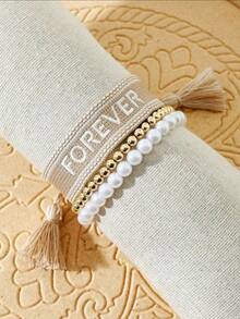 3pcs/Set Constellation Tassel Faux Pearl Beaded Bracelets, Suitable For Daily Wear - Khaki - View 3