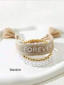 3pcs/Set Constellation Tassel Faux Pearl Beaded Bracelets, Suitable For Daily Wear - Khaki - View 2