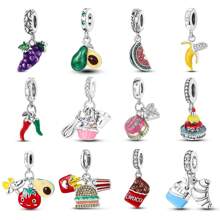 1 Pc Fruit Snacks Collection Grape Watermelon Avocado Cake Chocolate Milk Red Color Enamel Cubic Zirconia Silver Color Charm Fit Original Bracelet Necklace Bangle Beads For DIY Jewelry Making Women Gift - one-size - View 1