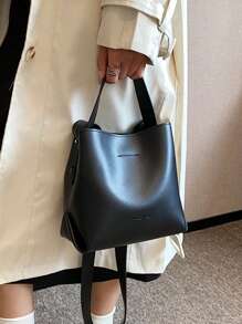 时尚女士迷你水桶手提包，简约黑色 PU 皮革复古通勤多功能单肩包适合女士购物日常使用，商务休闲女包非常适合办公室商务和工作 - 黑色 - 查看 3