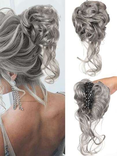1pc Claw Clip Hair Bun Messy Bun Hair Piece Short Curly Hair Bun Extensions Light Dark Gray