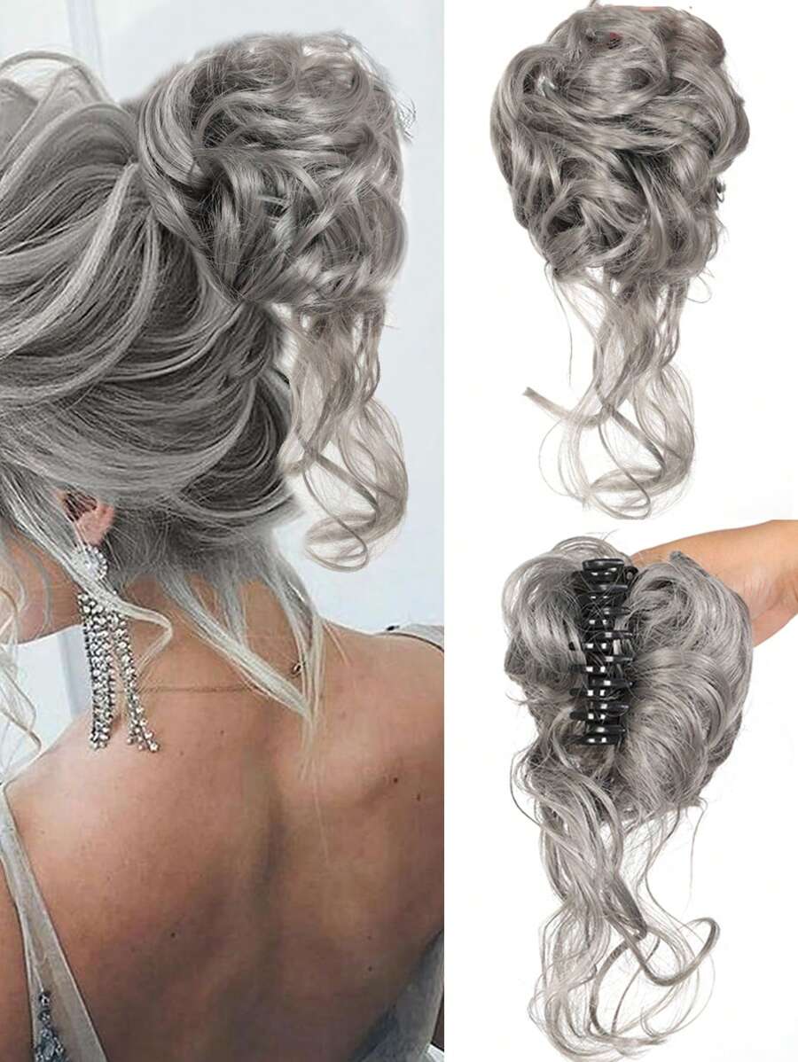 1pc Claw Clip Hair Bun Messy Bun Hair Piece Short Curly Hair Bun Extensions Light Dark Gray - Dark Grey - View 1