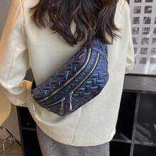 女士棉被拼接托特包,時尚襯墊肩背包,大容量手提包,配鍊帶