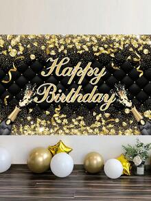 1 件黑金生日背景布,生日派對背景裝飾用品背景布橫幅 - 黑金色 - 查看 4