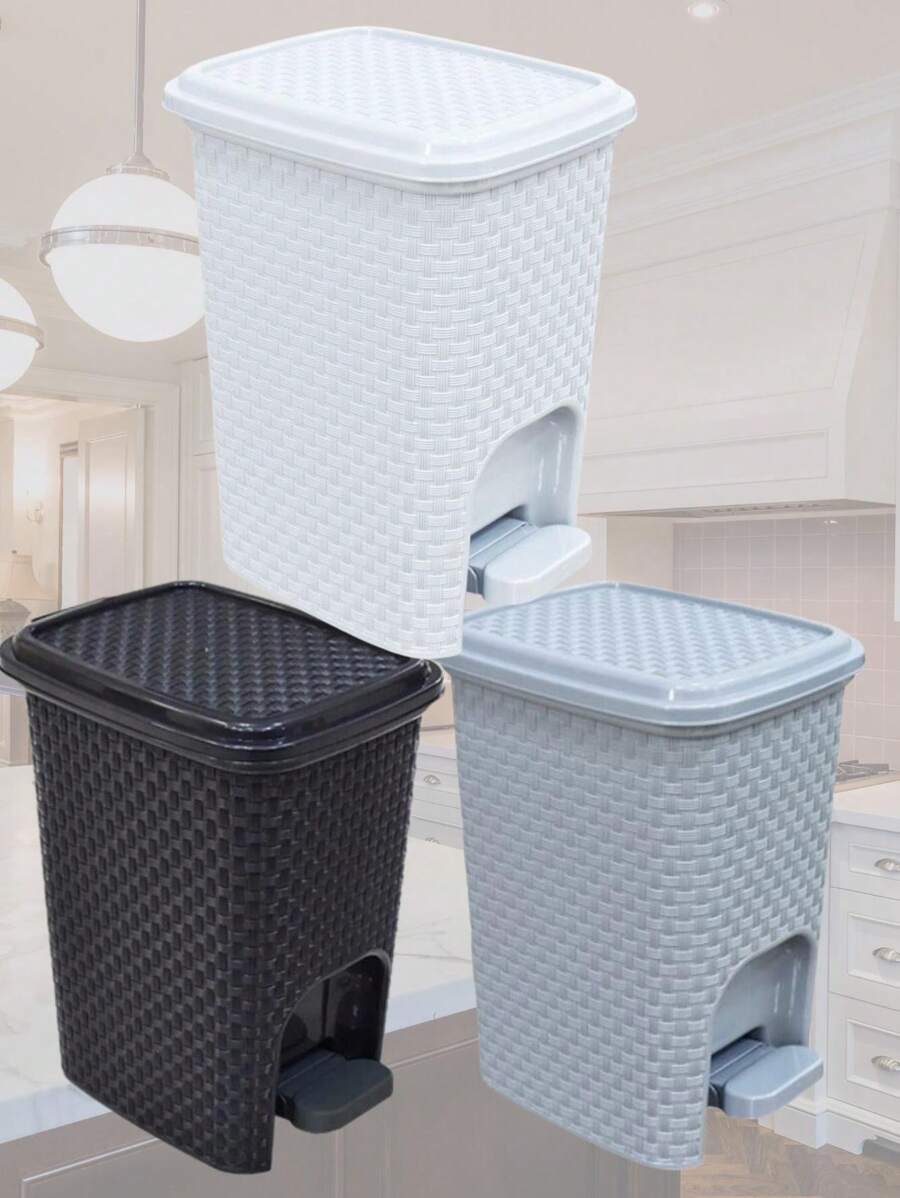 Cesto Lixeira Rattan 7L Plástico Com Pedal Cozinha Banheiro Escritório Cinza/Preto/Branco