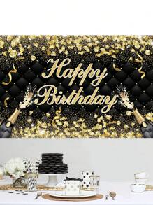 1 件黑金生日背景布,生日派對背景裝飾用品背景布橫幅 - 黑金色 - 查看 1