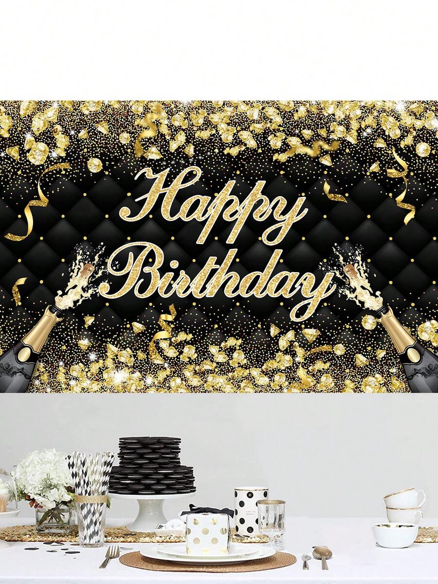 1 件黑金生日背景布,生日派對背景裝飾用品背景布橫幅 - 黑金色 - 查看 1