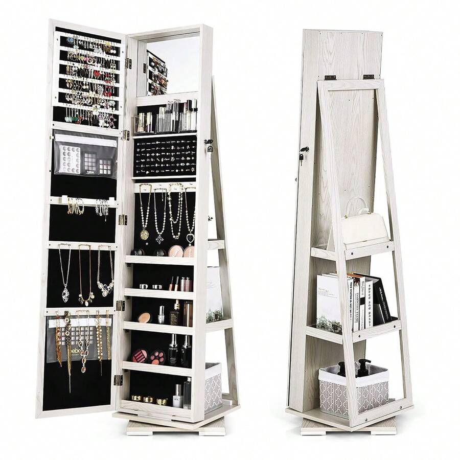 Obrotowa szafka na biżuterię, półka na biżuterię z lustrem na całej długości i wbudowanym lustrem, szafka z lustrem z półkami z tyłu, zamykana, miejsce do przechowywania biżuterii i kosmetyków