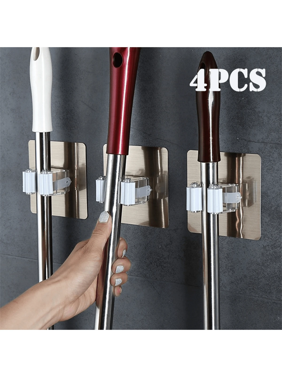 Supporto Per Scopa E Mocio Da Parete In Acciaio Inox - 3 Rack E 4 Ganci, Nero