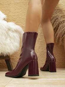 Women's Fashionable Chunky Heel Short Boots With Square Toe, Deep Red Shiny Pu Leather - Burgundy - View 4