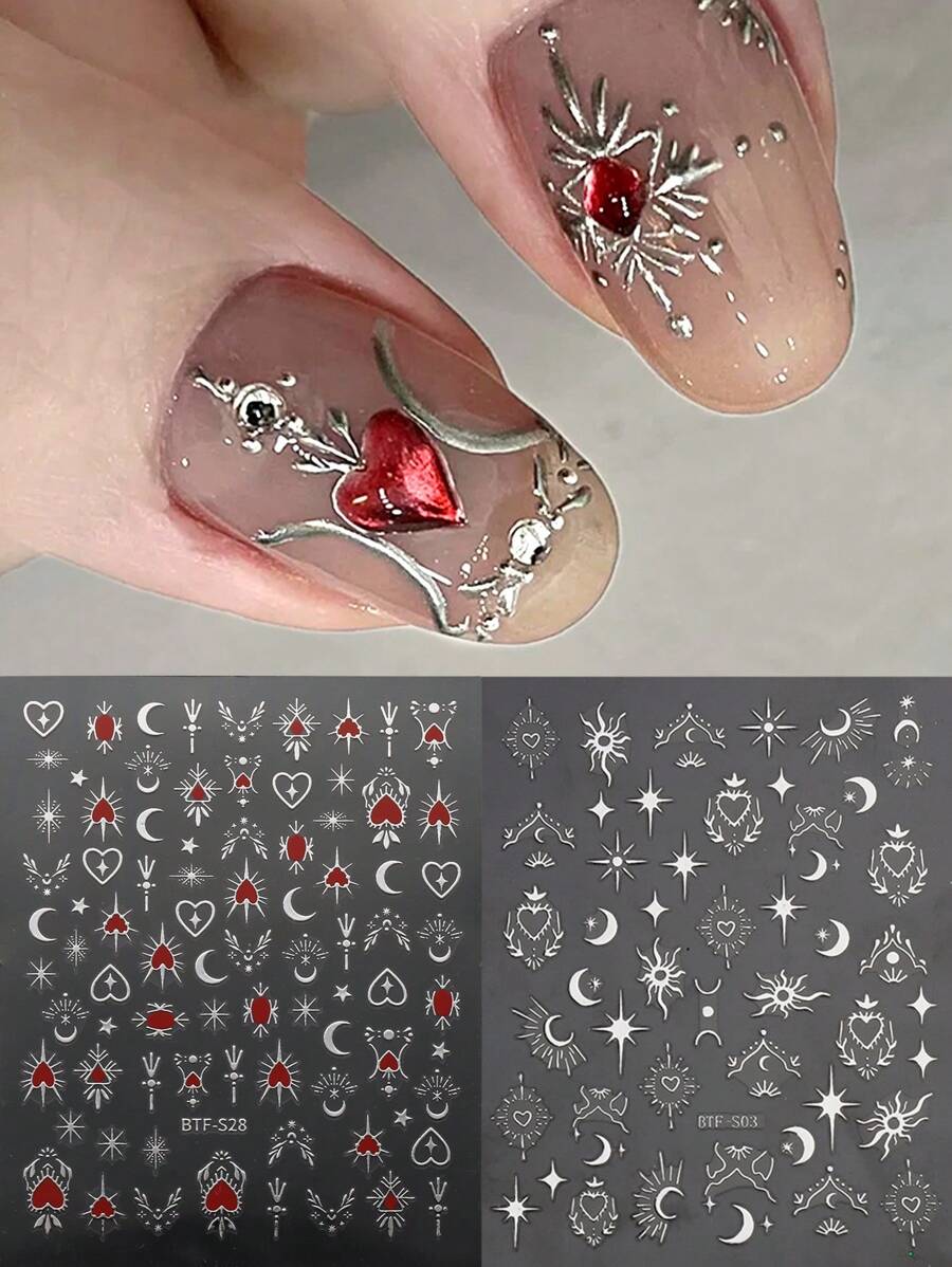 太陽,月亮,星星美甲貼紙,3d金屬反光銀色紅色心形美甲用品,自粘式美甲設計貼紙,女性diy美甲配件或裝飾 - 彩色 - 查看 1