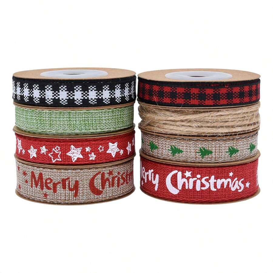 1box/8rolls Christmas Linen Imitation Nature Style Ribbon - Red & Black Checked - Diy Handmade Gift Packaging - Multicolor - View 1