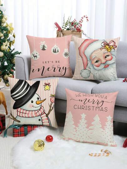4pcs Pattern Pillowcase Including Santa Claus & Tree Design, Modern Style Linen Fabric Hand-Painted Print Pillow Cover Suitable For Sofa Living Room Home Decoration, No Filling, Ideal For