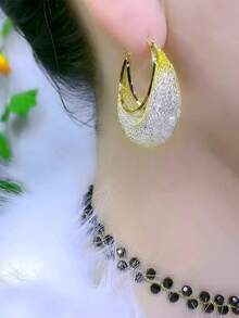 1對/2件銅鋯石網狀空心款高級時尚珠寶耳釘,女性誇張吊墜耳環珠寶禮物 - 彩色 - 查看 3