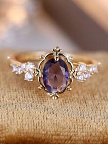 Vanel 1pc Elaborate Vintage Court Style Oval Edge & Cubic Zirconia Decorated Ring, Suitable For Women's Parties And Banquets - Purple - View 3