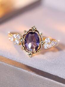 Vanel 1pc Elaborate Vintage Court Style Oval Edge & Cubic Zirconia Decorated Ring, Suitable For Women's Parties And Banquets - Purple - View 2