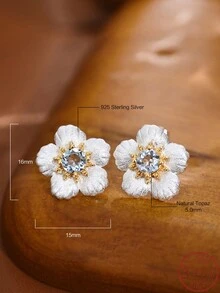 Cici Color 1 Pair of  New Rhodium-plated S925 Silver Inlaid Blue Round Topaz, Casual Lovely Couple Gift Delicate Little Daisy Shape Fine Earrings, Suitable for Women's Daily Life, Dating, Travel, with Gift Box